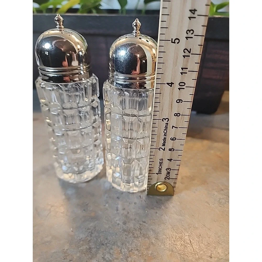 Vtge Tall Shakers Set Press Glass Metal Caps Square Rectangle Design